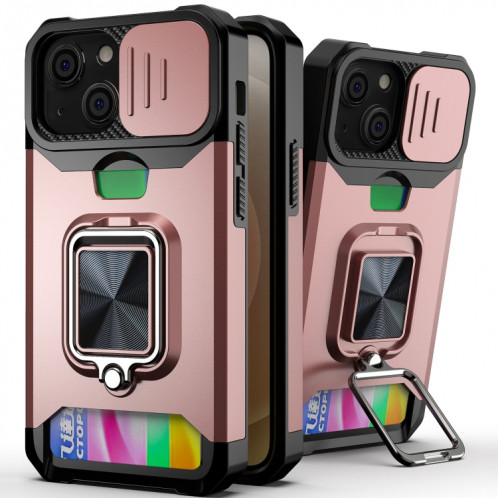 Coque de caméra coulissante Design PC + TPU Case antichoc avec porte-bague et emplacement de carte pour iPhone 13 (or rose) SH702C1943-37