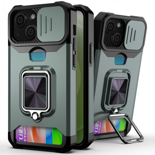 Cover Caméra coulissant Design PC + TPU Case antichoc avec porte-bague et emplacement de carte pour iPhone 13 (vert foncé) SH702D977-37