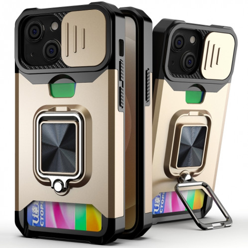 Coque de caméra coulissante design PC + TPU Case antichoc avec porte-bague et emplacement de carte pour iPhone 13 (or) SH702E207-37