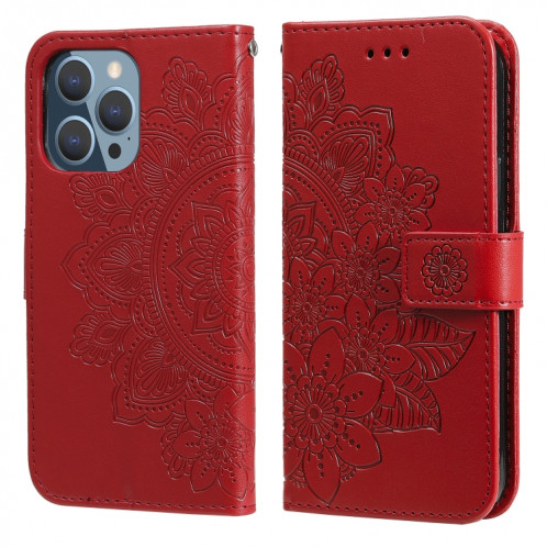 Fleurs 7-Pétales Motif de gaufrage Horizontal Flip PU Coque en cuir PU avec support et carte de portefeuille et cadre de portefeuille et photo pour iPhone 13 Pro (rouge) SH703B370-37