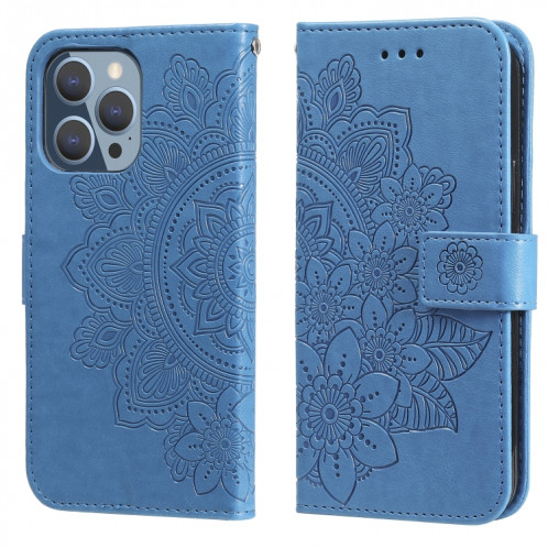 Fleurs 7-Pétales Motif de gaufrage Horizontal Flip PU Coque en cuir PU avec support et carte de portefeuille et cadre de portefeuille et photo pour iPhone 13 Pro (Bleu) SH703D1742-37