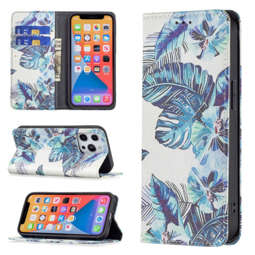 Motif de dessin coloré Invisible Magnétique Horizontal Flip PU Coque en cuir PU avec support et carte de portefeuille et portefeuille pour iPhone 13 mini (feuilles bleues) SH201D543-37