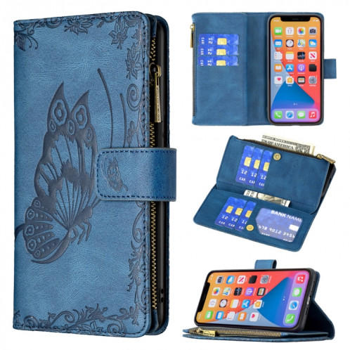 Boîtier de gaufrage de papillon volant Zipper Horizontal Flip Cuir Toot avec porte-cartes et portefeuille pour iPhone 13 Pro (Bleu) SH003C969-37