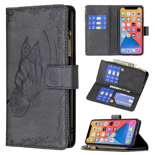 Flying Butterfly Modèle de gaufrage Zipper Horizontal Flip Cuir Toot avec porte-carte et portefeuille pour iPhone 13 PRO (Noir) SH003D655-37