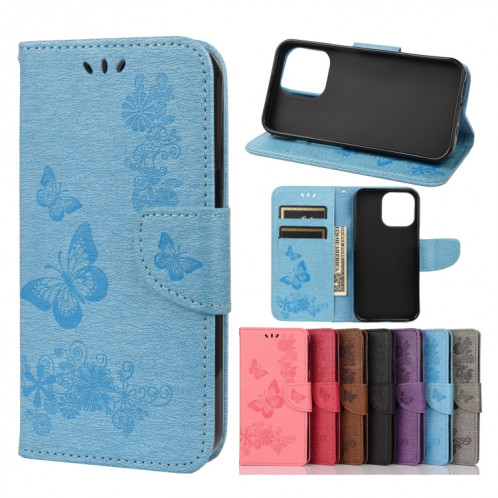Modèle de papillon floral en relief Vintage Horizontal Flip Coating avec fente et portefeuille et portefeuille et longe pour iPhone 13 Pro (Bleu) SH704C1309-37