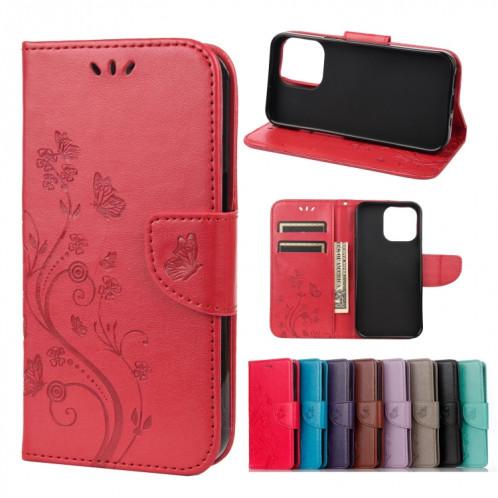 Modèle de fleur papillon Horizontal Flip Cuir Toot avec porte-carte et portefeuille pour iPhone 13 (rouge) SH803D613-37
