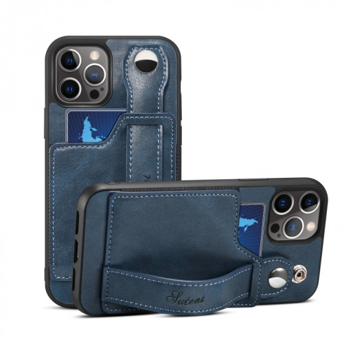 TPU + étui de protection antichoc sur le cuir PU avec des fentes de cartes et une sangle à main pour iPhone 13 Pro (Bleu) SH703B1706-35