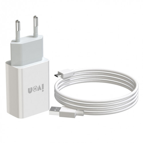 Ivon Ad-33 2 en 1 2.1a Chargeur de voyage à port USB unique + 1M USB à micro-câble de données USB de données USB, prise EU (Blanc) SI201A1144-37