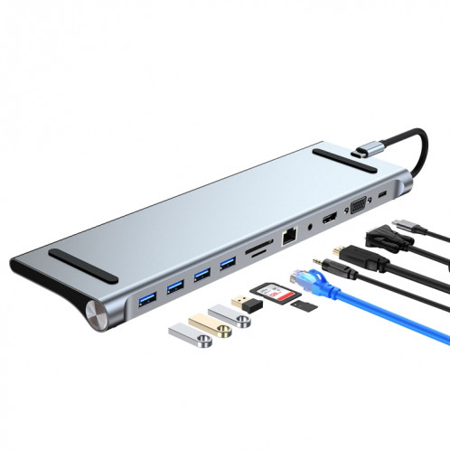 Ad-059 11 en 1 USB-C / Type-C à 4K HDMI + VGA + SD / TF Slot + SD / TF Ethernet + 3.5mm AUX + USB-C / TYPE-C + 4 USB 3.0 Hub de station d'accueil multifonctionnel multifonctionnel SH0088824-34