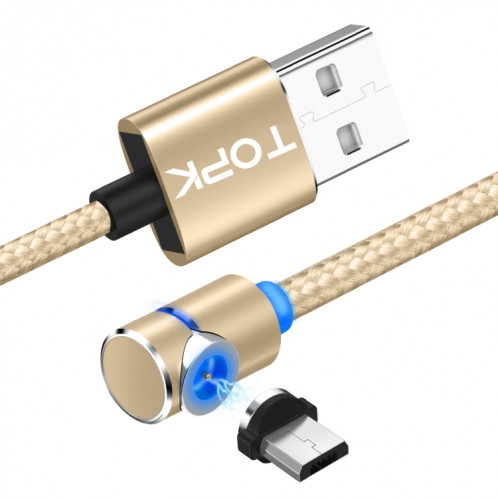 TOPK AM30 Câble de charge magnétique coudé à 90 degrés USB vers micro USB 2 m 2,4 A max avec indicateur LED (doré) ST485J442-310