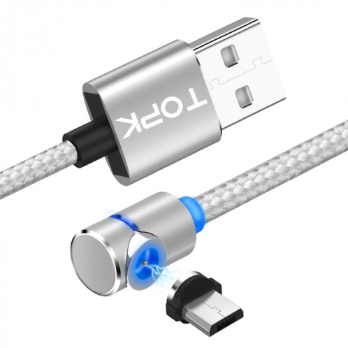 TOPK AM30 Câble de charge magnétique coudé à 90 degrés USB vers micro USB 2 m 2,4 A max avec indicateur LED (argent) ST485S86-310