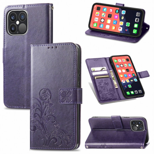 Pour iPhone 13 pro Fonds de trèfle à quatre feuilles Boucle en relief Boucle de protection mobile Cas de protection de téléphone portable avec lanière et fente de carte et portefeuille et support (violet) SH902E1356-37