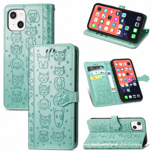 Étui en cuir horizontal horizontal de chat et de chien mignon avec support et portefeuille et portefeuille pour iPhone 13 (vert) SH003G960-37