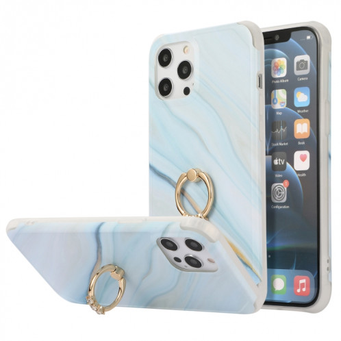 Housse de couverture arrière en marbre au dossier en marbre d'or de quatre coins de seconde coins avec une bague en strass en métal pour iPhone 13 Pro (Bleu) SH202F1441-37