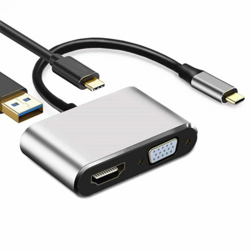 Adaptateur USB C vers HDMI VGA 4K Adaptateur 4-en-1 Type C Hub vers HDMI VGA Adaptateur multiport AV numérique USB 3.0 avec port de charge USB-C PD Compatible pour Nintendo Switch / Samsung / MacBook (argenté) SH601B1050-321