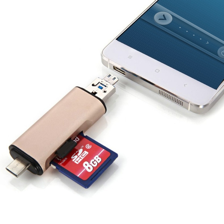 3 en 1 Type-c & Micro USB & USB 2.0 Lecteur de carte SD / TF 3 ports pour  Smartphones / PC compatibles OTG (Or)