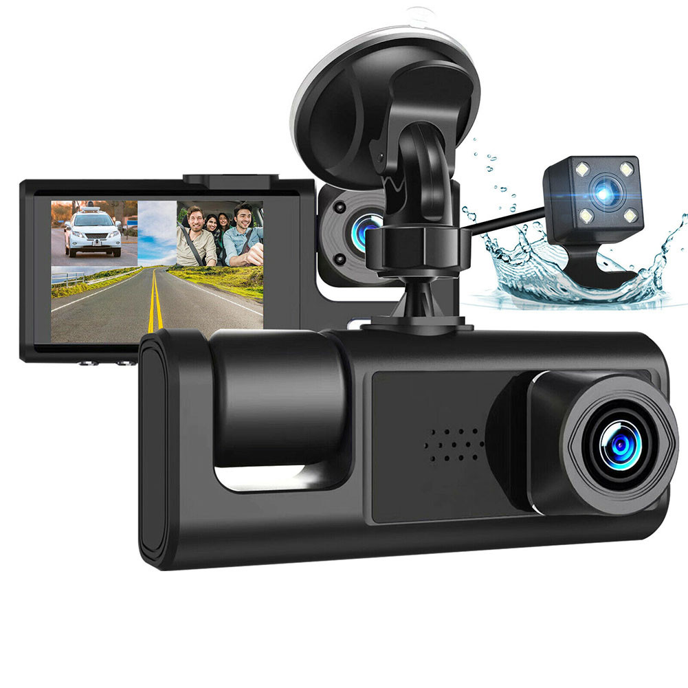 Enregistreur de conduite de voiture à écran de 2 pouces 3 voies HD 1080P  Surveillance du stationnement à 3 lentilles Enregistreur vidéo Dvr Noir