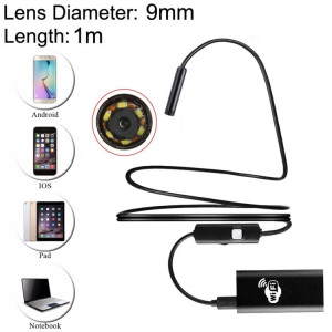 2.0MP HD Caméra 30m Sans Fil Distance Métal WiFi Box Étanche IPX67 Endoscope Snake Tube Inspection Caméra avec 6 LED pour Android & iOS, Longueur: 1m, Diamètre de l'Objectif: 9mm (Noir) SH164B1517-20