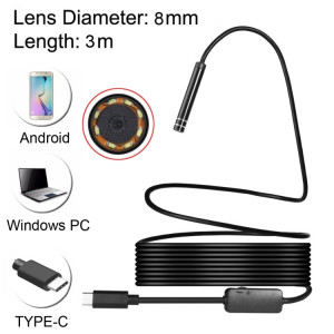 Caméra d'inspection à tube de serpent étanche endoscope USB-C / Type-C avec 8 LED et adaptateur USB, longueur: 3 m, diamètre de l'objectif: 8 mm SH0851929-20