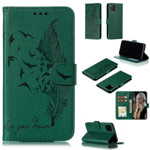 Etui en cuir à rabat horizontal avec motif de plume et texture litchi avec emplacements pour portefeuille et porte-cartes pour iPhone 11 Pro (Vert) SH803B1418-20