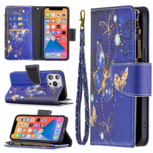 Dessin de couleur Cadre à glissière à glissière Horizontale Flip Cuir Coffret avec porte-carte et portefeuille pour iPhone 13 Pro (papillon violet) SH103A14-20
