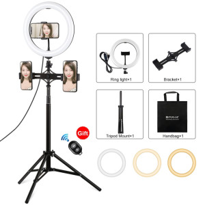 Support de trépied de Puluz 1.65m + Supports à double téléphone + 10,2 pouces 26cm Surface incurvée USB 3 modes Dimmable Température de couleur Double Color Température Bague Selfie Vlogging Vidéo Live Broadcast SP066B802-20