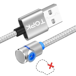 Câble de charge magnétique TOPK AM30 2 m 2,4 A Max USB vers coude à 90 degrés avec indicateur LED, sans prise (argent) ST563S1526-20