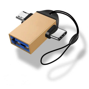 10 PCS LI-09 USB 3.0 Femme à USB-C / Type-C + micro USB Multi-fonction Adaptateur OTG multifonctions avec lanière (or) SH301B1778-20
