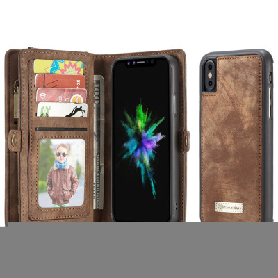 CaseMe-008 pour iPhone X / XS TPU + PC Absorption magnétique amovible couverture arrière Housse en cuir horizontale avec support et fentes pour cartes & Zipper Wallet & cadre photo (marron) SC922Z677-20