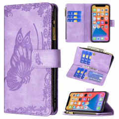 Boîtier de gaufrage de papillon volant à glissière Horizontal Flip Cuir Toot avec porte-carte et portefeuille pour iPhone 13 Pro (violet)
