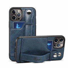 TPU + étui de protection antichoc sur le cuir PU avec des fentes de cartes et une sangle à main pour iPhone 13 (bleu)