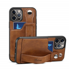 TPU + étui de protection antichoc sur le cuir PU avec des fentes de cartes et une sangle à main pour iPhone 13 (Brown)