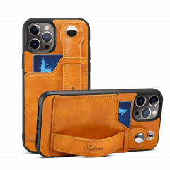 TPU + étui de protection antichoc sur le cuir PU avec des fentes pour cartes et une sangle à main pour iPhone 13 (jaune)