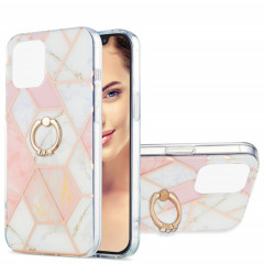 Épissage de galvanoplastie Modèle de marbre Dual-côté IMD TPU Case antichoc avec porte-bague pour iPhone 13 (blanc rose)