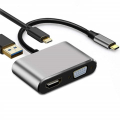 Adaptateur USB C vers HDMI VGA 4K Adaptateur 4 en 1 Type C Hub vers HDMI VGA Adaptateur multiport AV numérique USB 3.0 avec port de chargement USB-C PD Compatible pour Nintendo Switch / Samsung / MacBook (Gris)