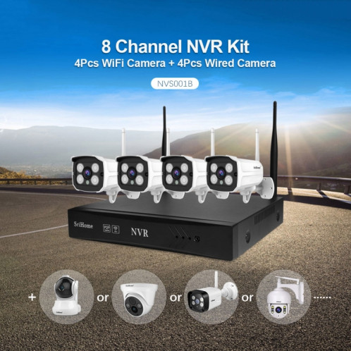 SriHome NVS001 1080P Kit NVR 4 canaux système de caméra de sécurité sans fil, prise en charge de la détection humanoïde / détection de mouvement / audio bidirectionnel / vision nocturne, prise ue SS34EU1435-016