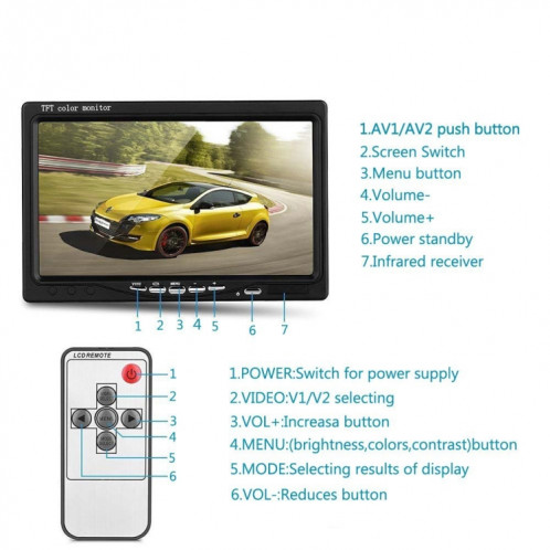 F0505 7 pouces HD voiture 18 LED IR moniteur de rétroviseur de caméra de recul, avec câble de 10 m SH110559-09
