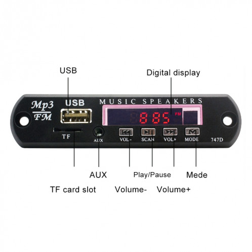Carte de décodeur de lecteur MP3 Audio 12V de voiture Radio FM TF USB 3.5 mm AUX, sans Bluetooth et enregistrement SH0828710-08