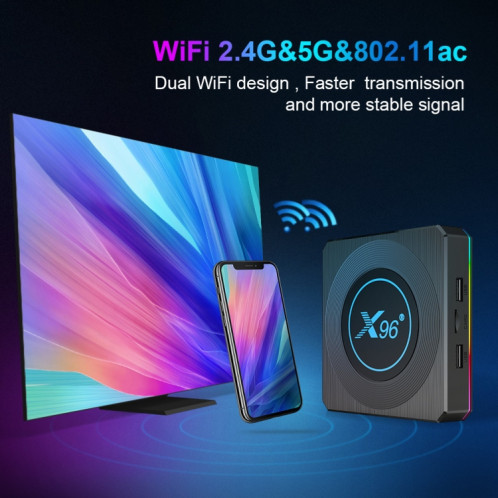 X96 x4 8K Smart TV Box Android 11,0 Media Player avec télécommande, AMLogic S905x4 Quad Core Core Cortex A55, RAM: 4 Go, Rom: 64 Go, Soutenir 100 m, double bande WiFi, Bluetooth, Fiche EU SH75EU1907-010
