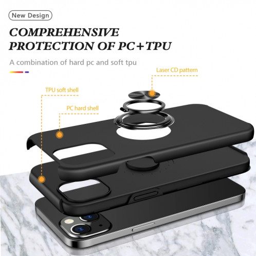 Cas protecteur magnétique PC + TPU avec porte-bague invisible pour iPhone 13 (noir) SH802A1567-07