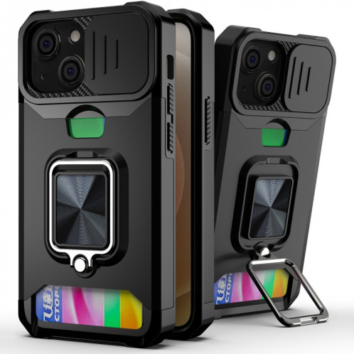 Cover Caméra coulissant Design PC + TPU Case antichoc avec porte-bague et emplacement de carte pour iPhone 13 (noir) SH702B1530-07