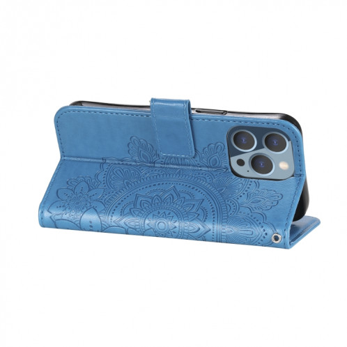 Fleurs 7-Pétales Motif de gaufrage Horizontal Flip PU Coque en cuir PU avec support et carte de portefeuille et cadre de portefeuille et photo pour iPhone 13 Pro (Bleu) SH703D1742-07