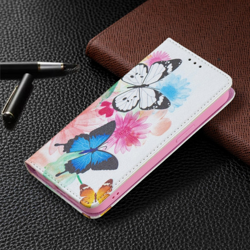Motif de dessin coloré Invisible Horizontal Horizontal Flip PU Coque en cuir PU avec porte-carte et portefeuille pour iPhone 13 mini (deux papillons) SH201C405-07