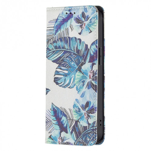 Motif de dessin coloré Invisible Magnétique Horizontal Flip PU Coque en cuir PU avec support et carte de portefeuille et portefeuille pour iPhone 13 mini (feuilles bleues) SH201D543-07