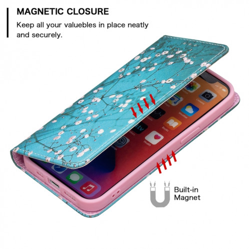 Modèle de dessin coloré Invisible Horizontal Horizontal Flip PU Coque en cuir PU avec porte-carte et portefeuille pour iPhone 13 (Blossom de prunes) SH202F298-07
