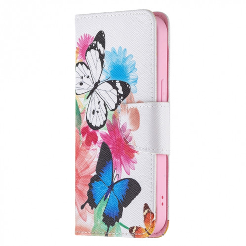 Motif de dessin coloré Horizontal Flip Cuir Coffret avec porte-cartes et portefeuille pour iPhone 13 mini (deux papillons) SH401E1907-07