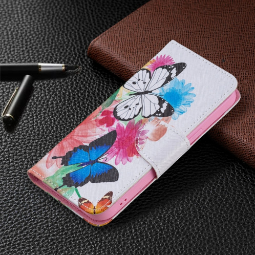Motif de dessin coloré Horizontal Flip Cuir Coffret avec porte-cartes et portefeuille pour iPhone 13 mini (deux papillons) SH401E1907-07