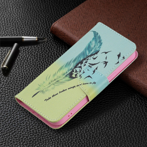 Motif de dessin coloré Horizontal Flip Cuir Case avec support & Portefeuille pour iPhone 13 (plume) SH402F430-07