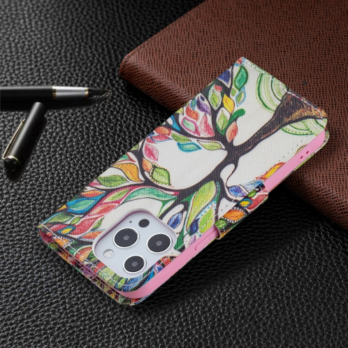 Motif de dessin coloré Horizontal Flip Cuir Case avec porte-cartes et portefeuille pour iPhone 13 (Arbre de vie) SH402J1069-07