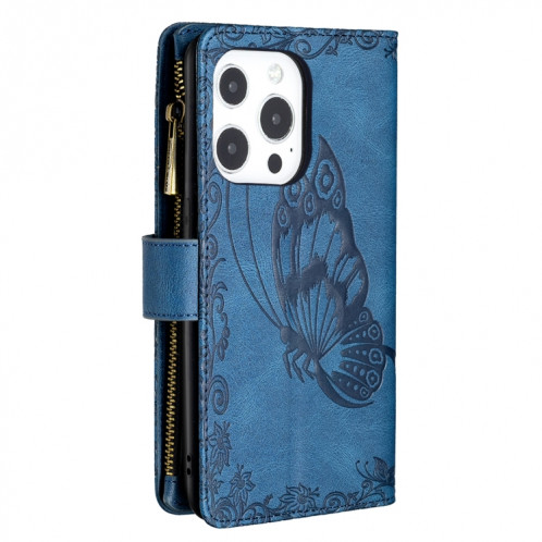 Boîtier de gaufrage de papillon volant Zipper Horizontal Flip Cuir Toot avec porte-cartes et portefeuille pour iPhone 13 Pro (Bleu) SH003C969-07